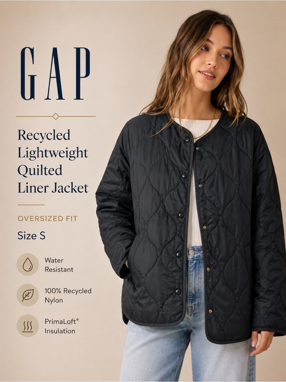 GAP Recycled Lightweight PrimaLoft Quilted Liner Jacket Black Size S NWT